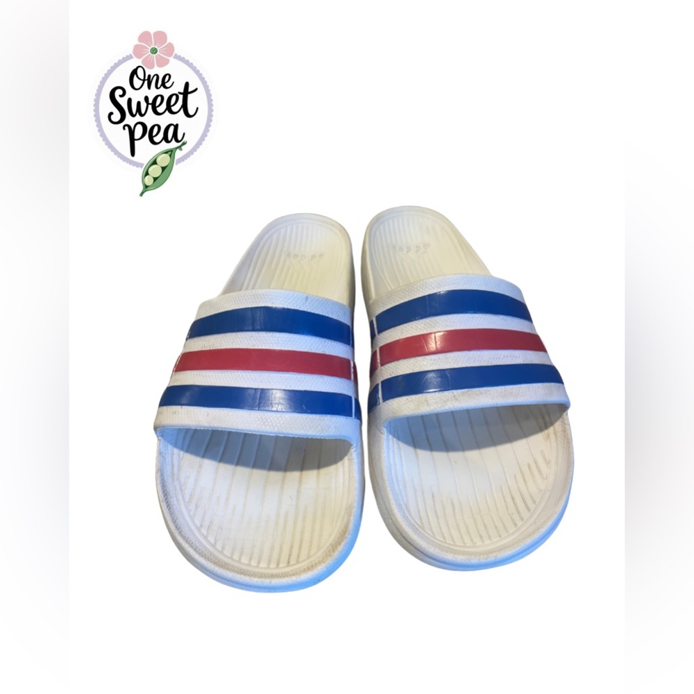 Adidas White Slides with Blue and Red Stripes